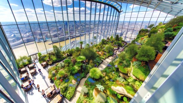 El Sky Garden en Londres, ubicado en el edificio "Walkie Talkie", ofrece vistas panorámicas de la ciudad y jardines interiores exuberantes. Es una atracción gratuita y popular, accesible por metro y autobús, ideal para disfrutar de la vegetación urbana y puntos de referencia.