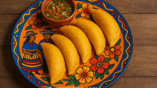 Empanadas colombianas servidas en un plato decorado con arte tradicional sobre una mesa de madera