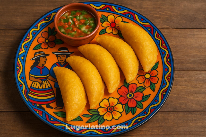 Empanadas colombianas servidas en un plato decorado con arte tradicional sobre una mesa de madera