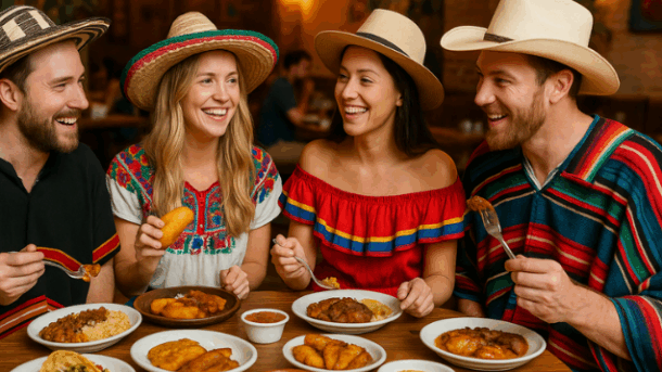 Four friends dressed in traditional Latin American clothing enjoying a meal in a vibrant restaurant setting.