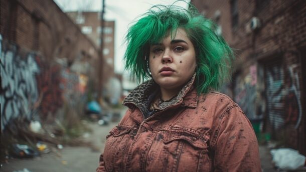 Mujer de expresión masculina con cabello verde en un entorno urbano.