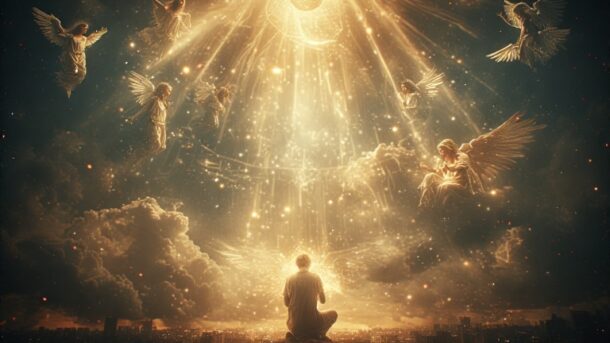 Persona rezando bajo un cielo celestial iluminado, rodeada de ángeles protectores con rayos de luz divina descendiendo del cielo, simbolizando protección espiritual y presencia de Dios.