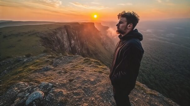 Persona mirando al horizonte desde la cima de una montaña al atardecer, simbolizando la superación del miedo y la libertad interior.