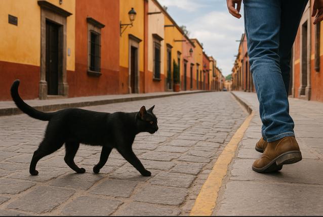 Un gato negro cruza el camino de una persona en una calle colonial de México, símbolo de intuición y buena suerte.