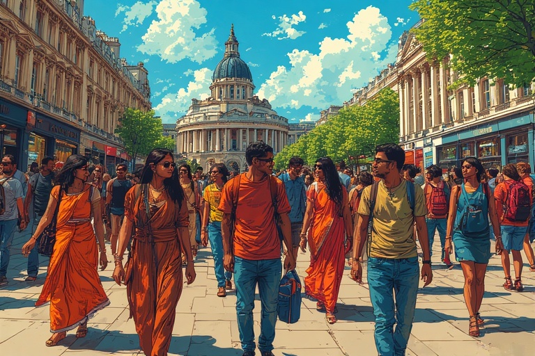 Multitud caminando por una calle céntrica de Londres con edificios históricos al fondo en un día soleado.