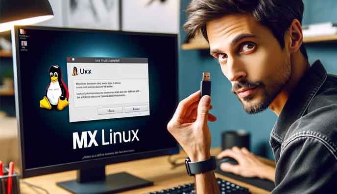 Hombre mostrando una memoria USB para instalar MX Linux en una computadora u ordenador.