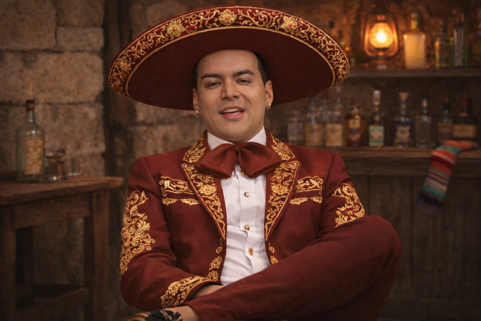 Yeison Jimenez, cantante colombiano de musica popular, vestido como mariachi en una cantina mexicana tradicional