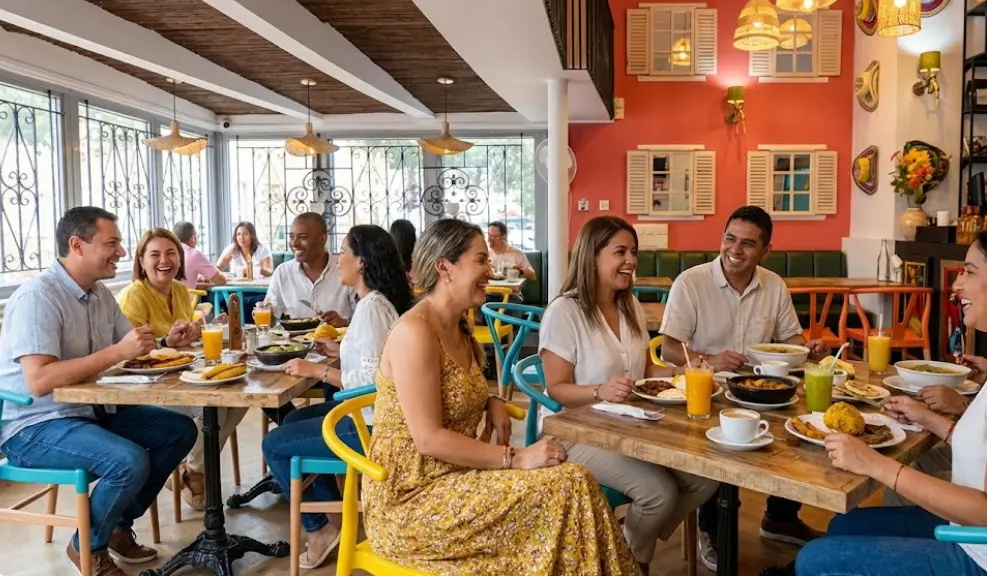Un grupo de personas compartiendo platos típicos colombianos como sancocho y arepas en el colorido interior del restaurante Donde Carlos.