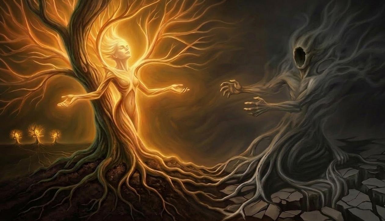 Árbol luminoso femenino generando luz dorada mientras una figura oscura sin rostro se extiende hacia ella desde un suelo agrietado, con tres pequeñas figuras luminosas visibles al fondo.