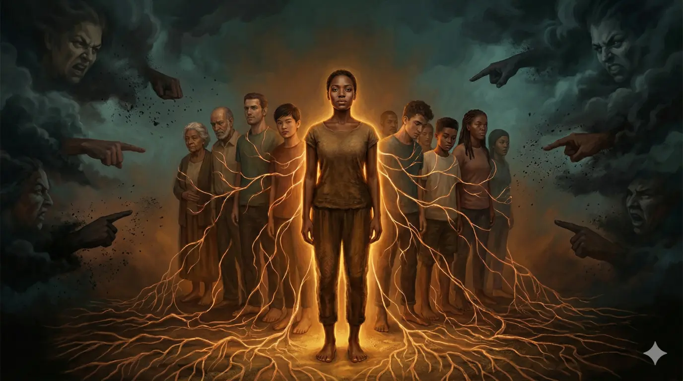 Figura femenina de piel oscura se mantiene serena y enraizada mientras una comunidad diversa la rodea con apoyo, frente a rostros hostiles y dedos acusadores que emergen de la oscuridad