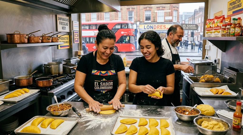 Dos mujeres arman empanadas colombianas en la cocina de un local en Londres mientras un cocinero las fríe al fondo y pasa un bus rojo por la ventana.