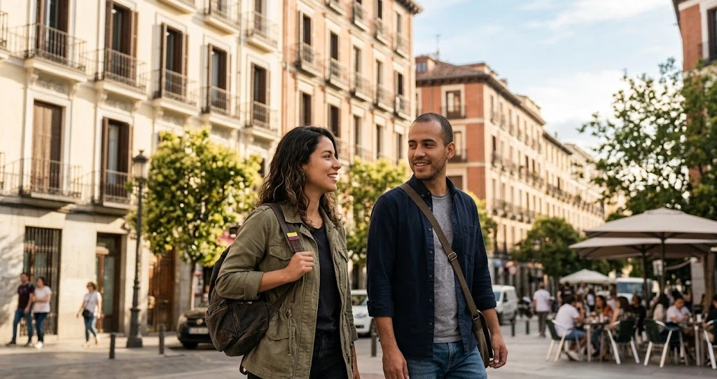 Pareja colombiana paseando por una calle del centro de Madrid al atardecer