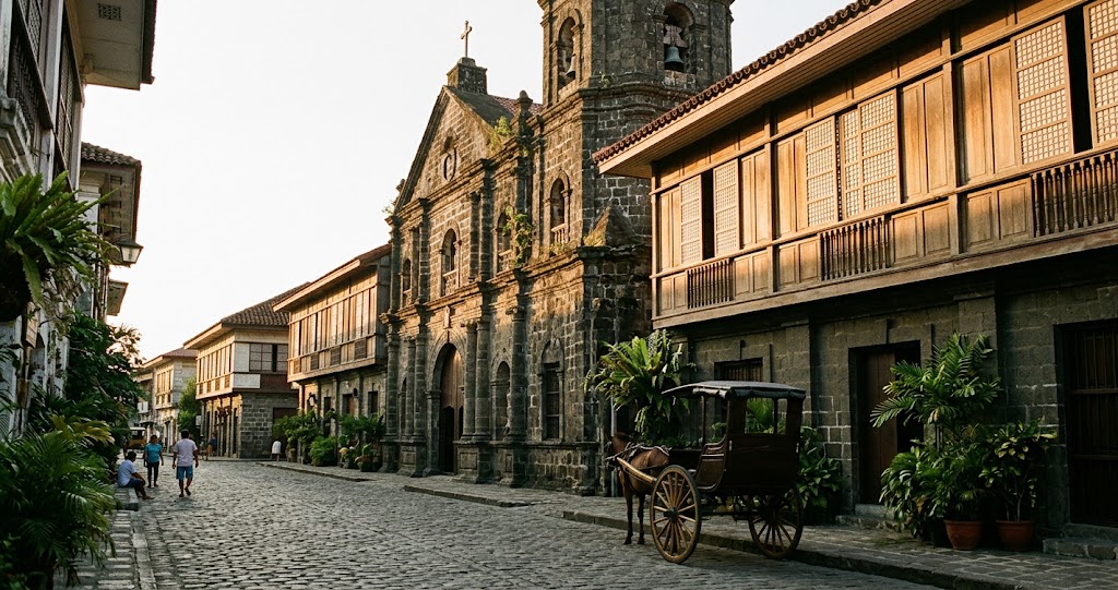 Iglesia colonial española y casas tradicionales en una calle de Filipinas