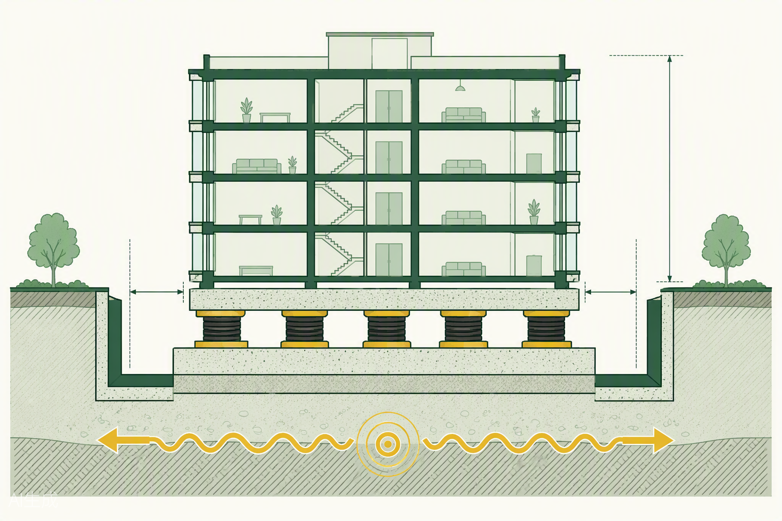 Corte técnico de un edificio sobre apoyos de aislamiento sísmico: aisladores elastoméricos circulares entre la cimentación y la estructura, foso sísmico perimetral y flechas de movimiento del terreno