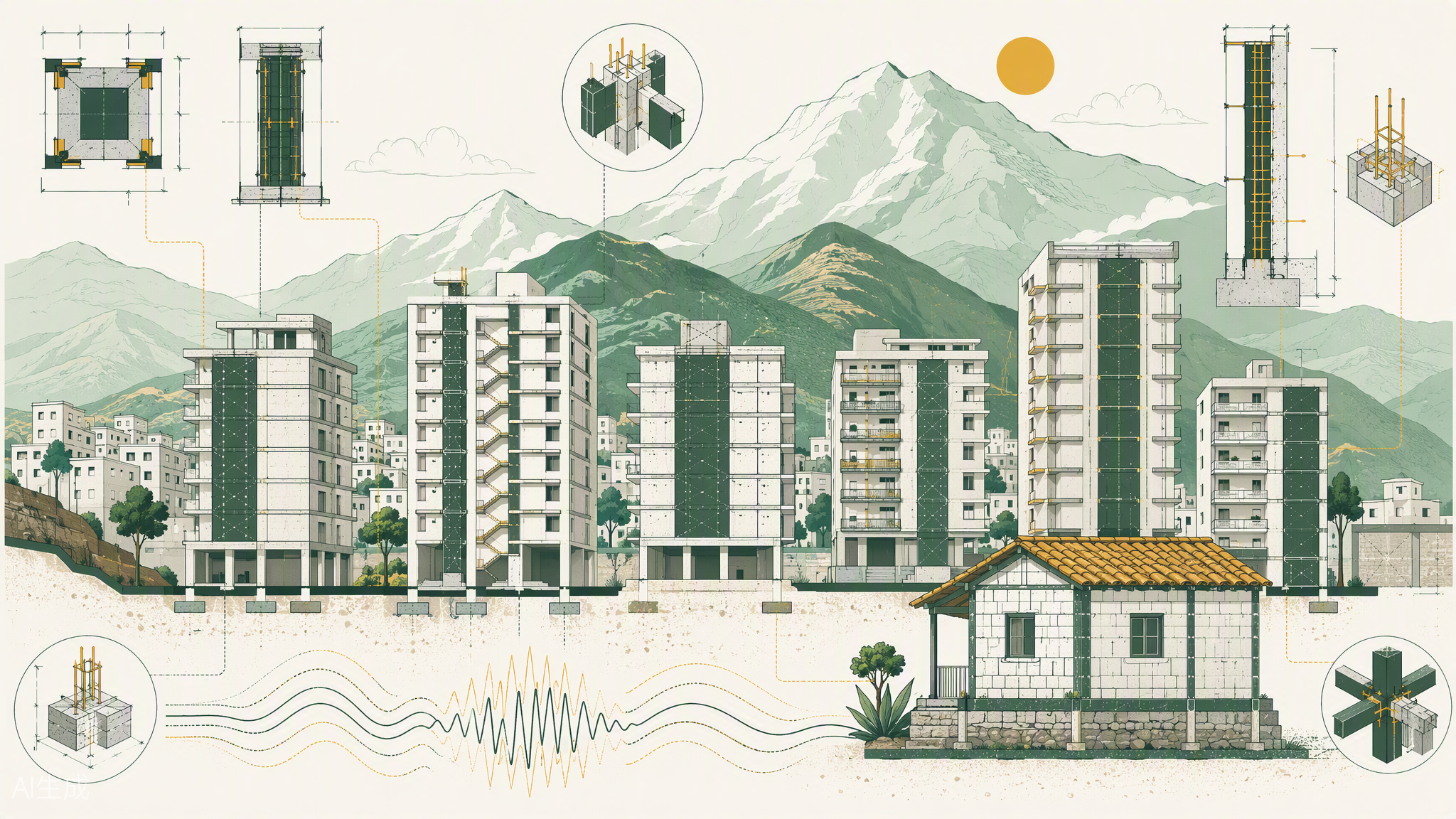 Ilustración técnica de una ciudad andina con edificios de muros estructurales, una casa de mampostería confinada y diagramas estructurales, con ondas sísmicas en el terreno