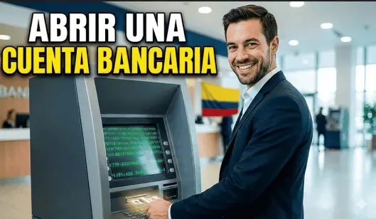 Logo Bancolombia y representación gráfica de servicios bancarios internacionales