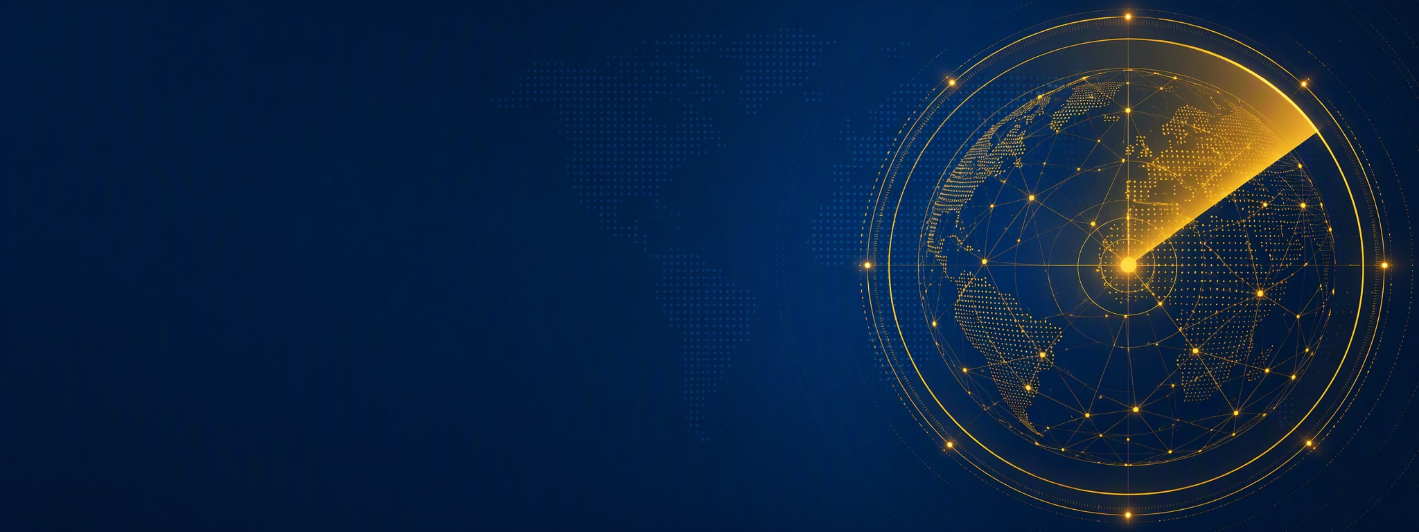Radar dorado escaneando un mapa mundial digital sobre fondo azul marino
