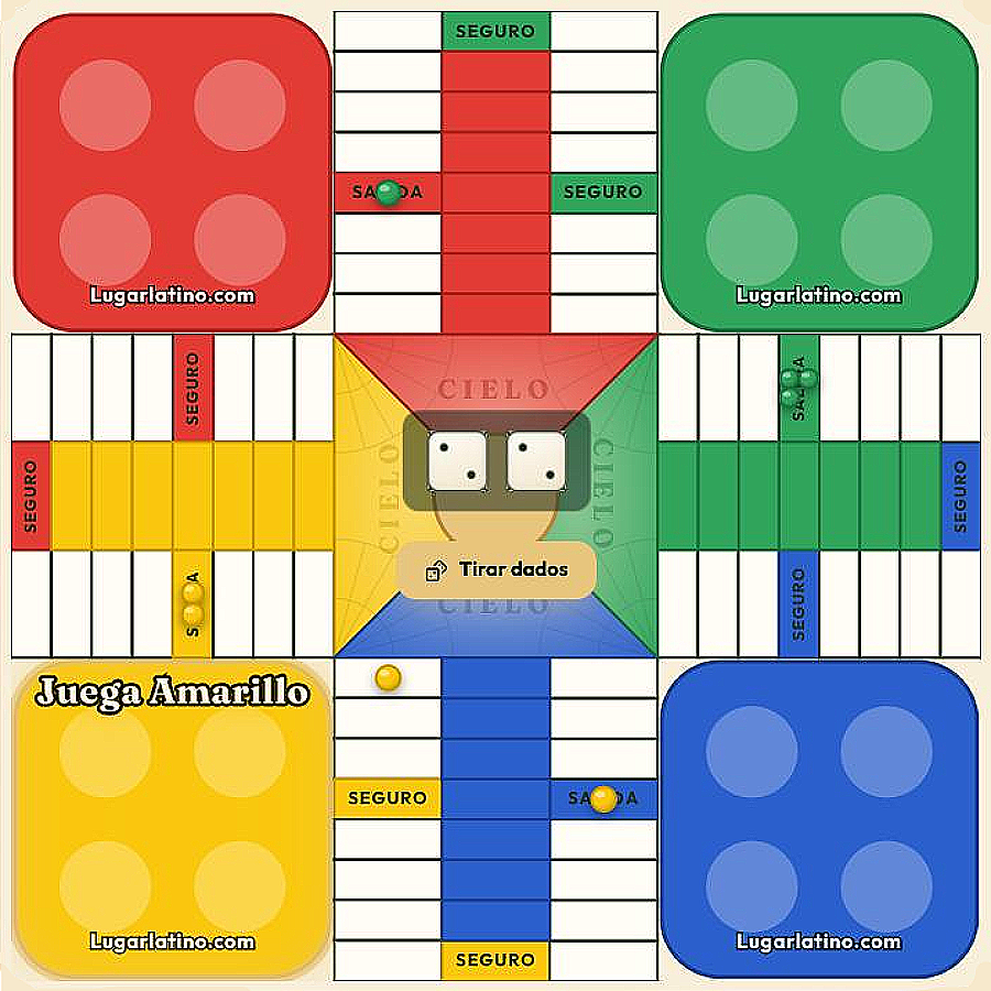 Captura del tablero de parqués colombiano en juego: las cuatro cárceles de colores con sus fichas, los seguros del recorrido, los dados y el cielo en el centro