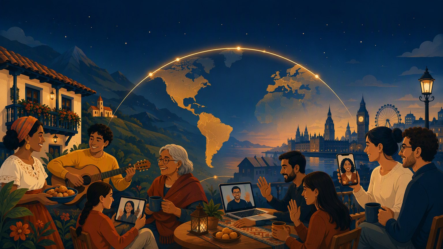 Ilustración de la comunidad latina global conectada entre América Latina y Europa