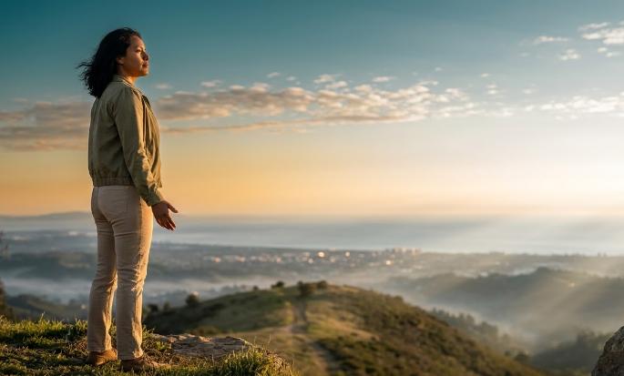 Persona latina mirando el horizonte con serenidad desde una colina, representando el proceso de superar el miedo y la ansiedad con herramientas prácticas